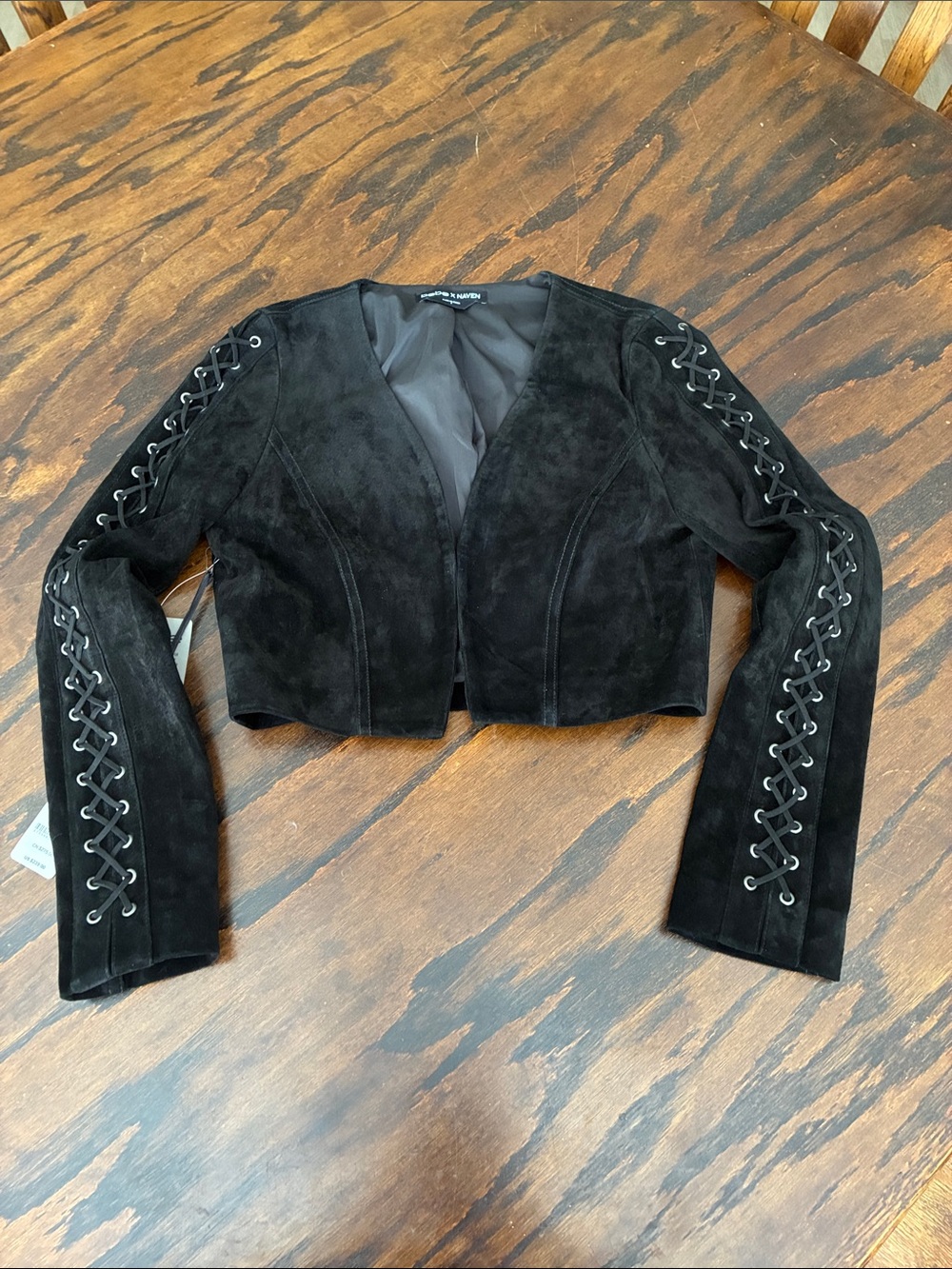 bebe Black Suede Cropped Jacket with Lace-Up Sleeves
